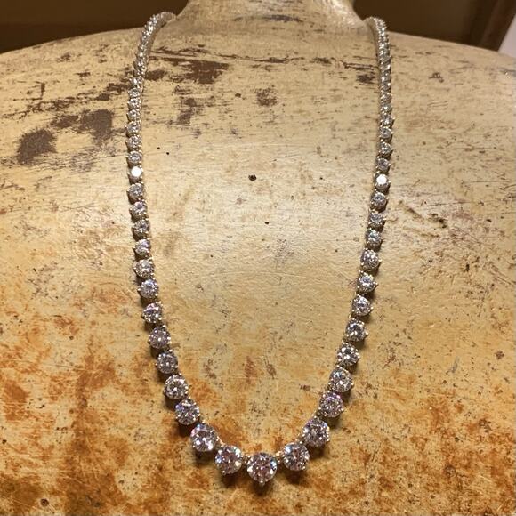 Sterling Silver and Cubic Zirconia Tennis Necklace 17 Inches Long - Picture 1 of 6